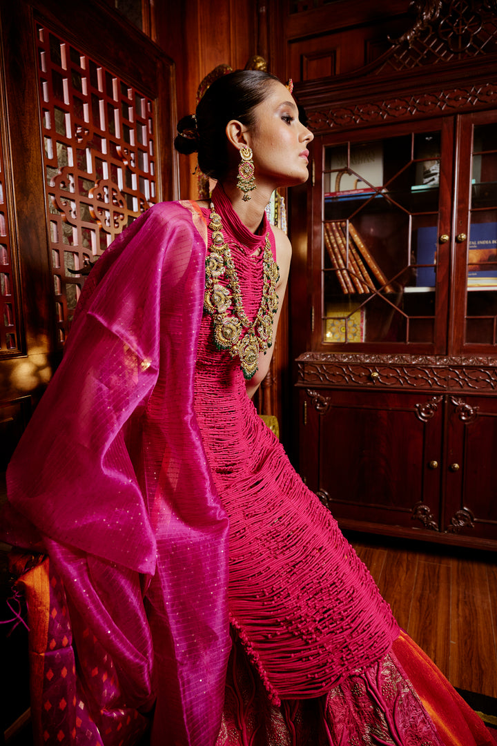 Coral Lehenga with Corded Blouse