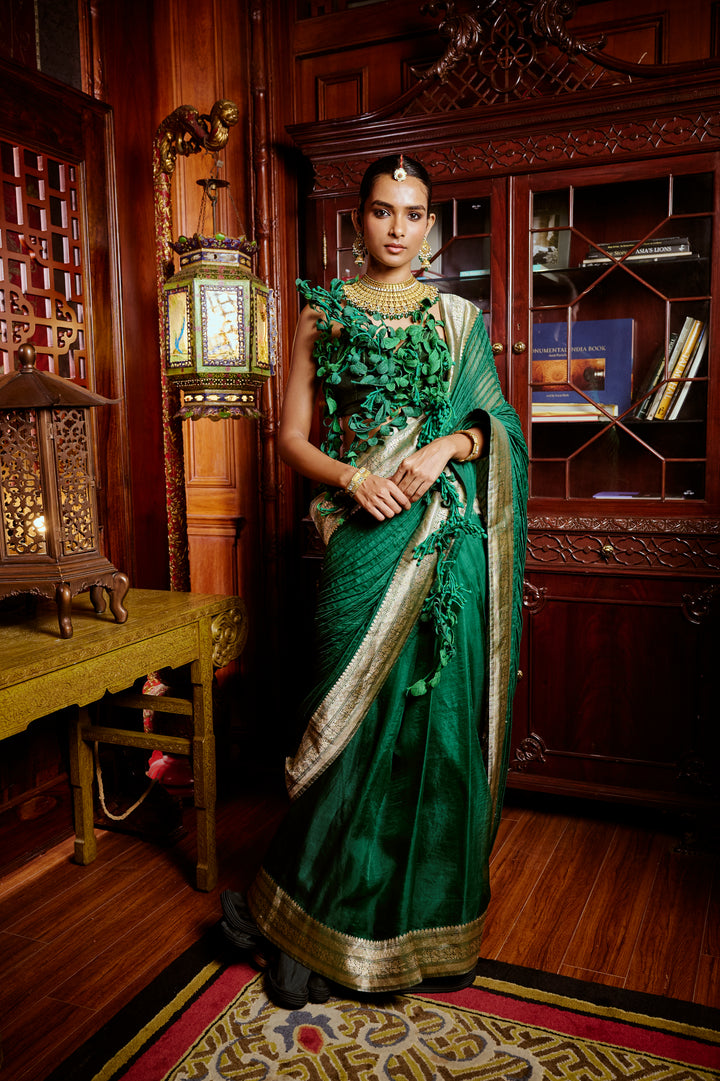 Deep Green Corded Banarasi Saree