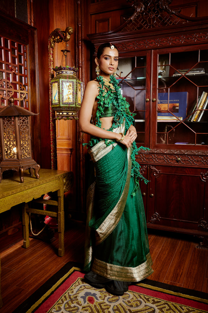 Deep Green Corded Banarasi Saree