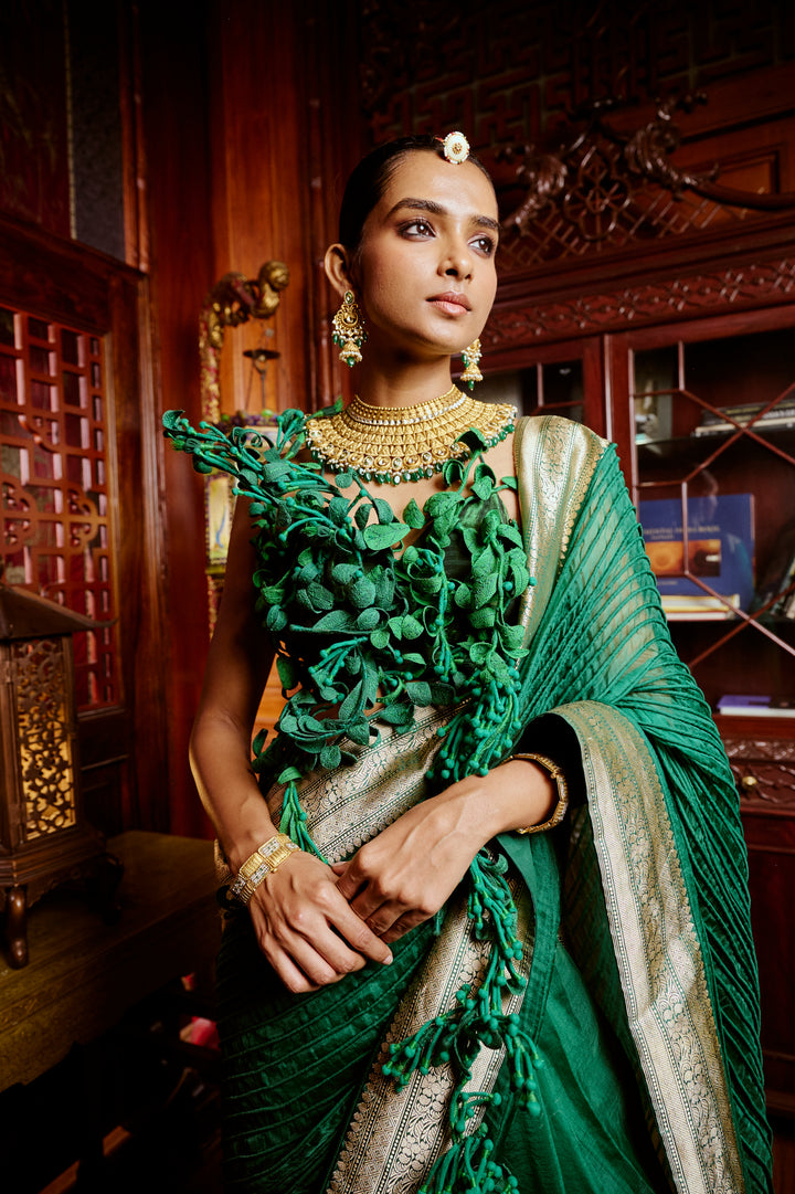 Deep Green Corded Banarasi Saree