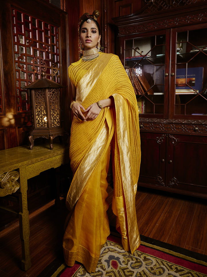 Yellow Corded Banarasi Saree