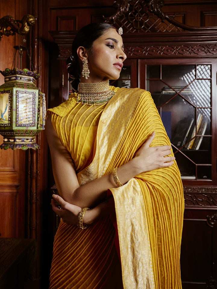 Yellow Corded Banarasi Saree