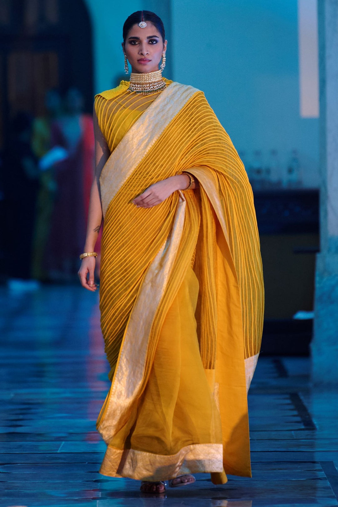 Yellow Corded Banarasi Saree