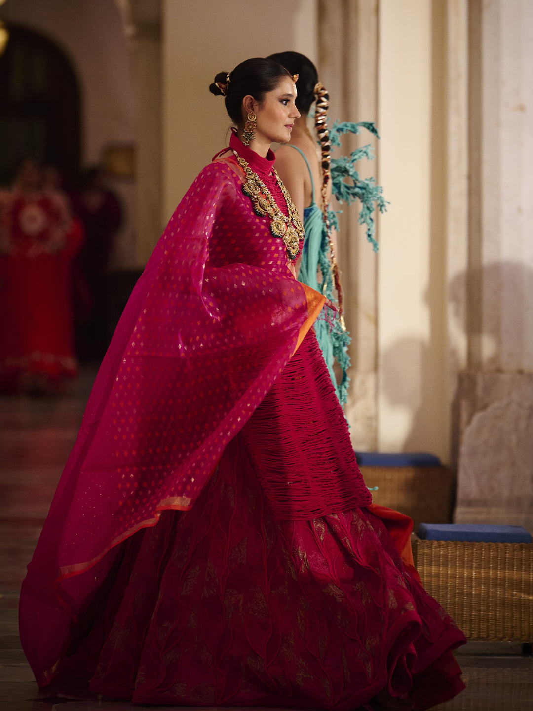 Coral Lehenga with Corded Blouse