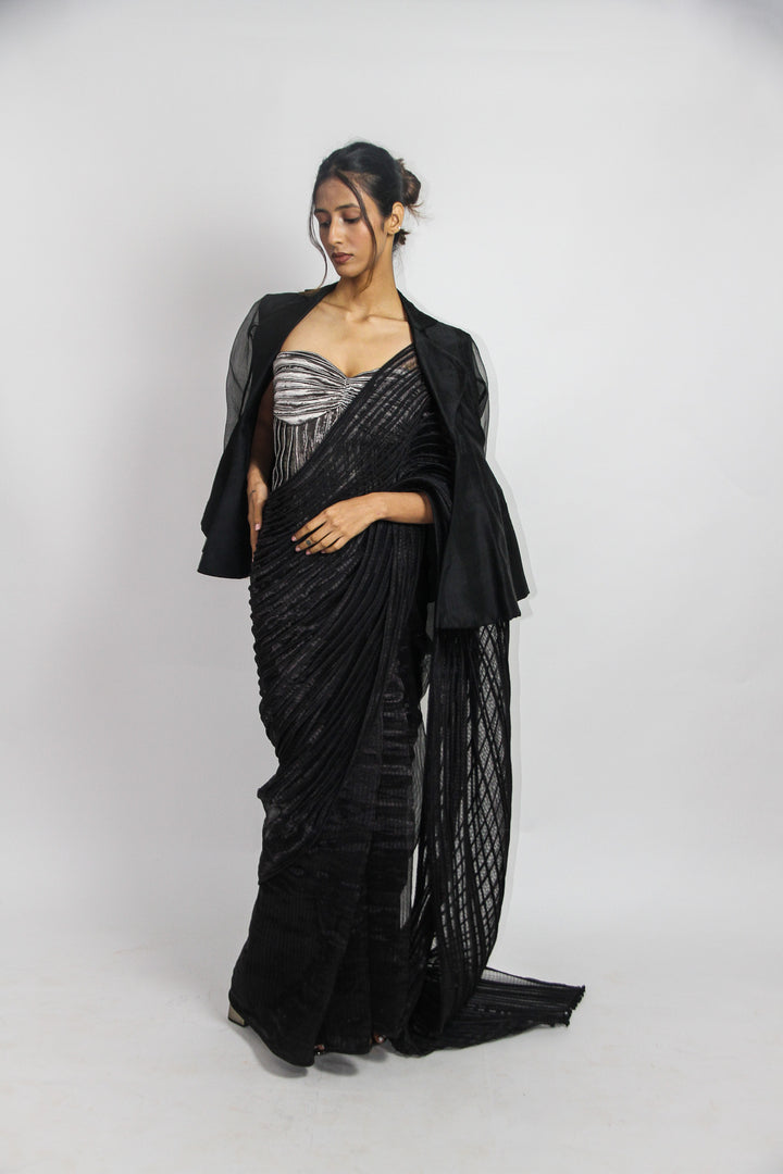 Black Metallic Corded Saree